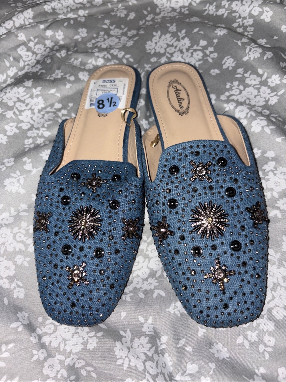 Embellished Blue Slip-On Mules with Decorative Beading